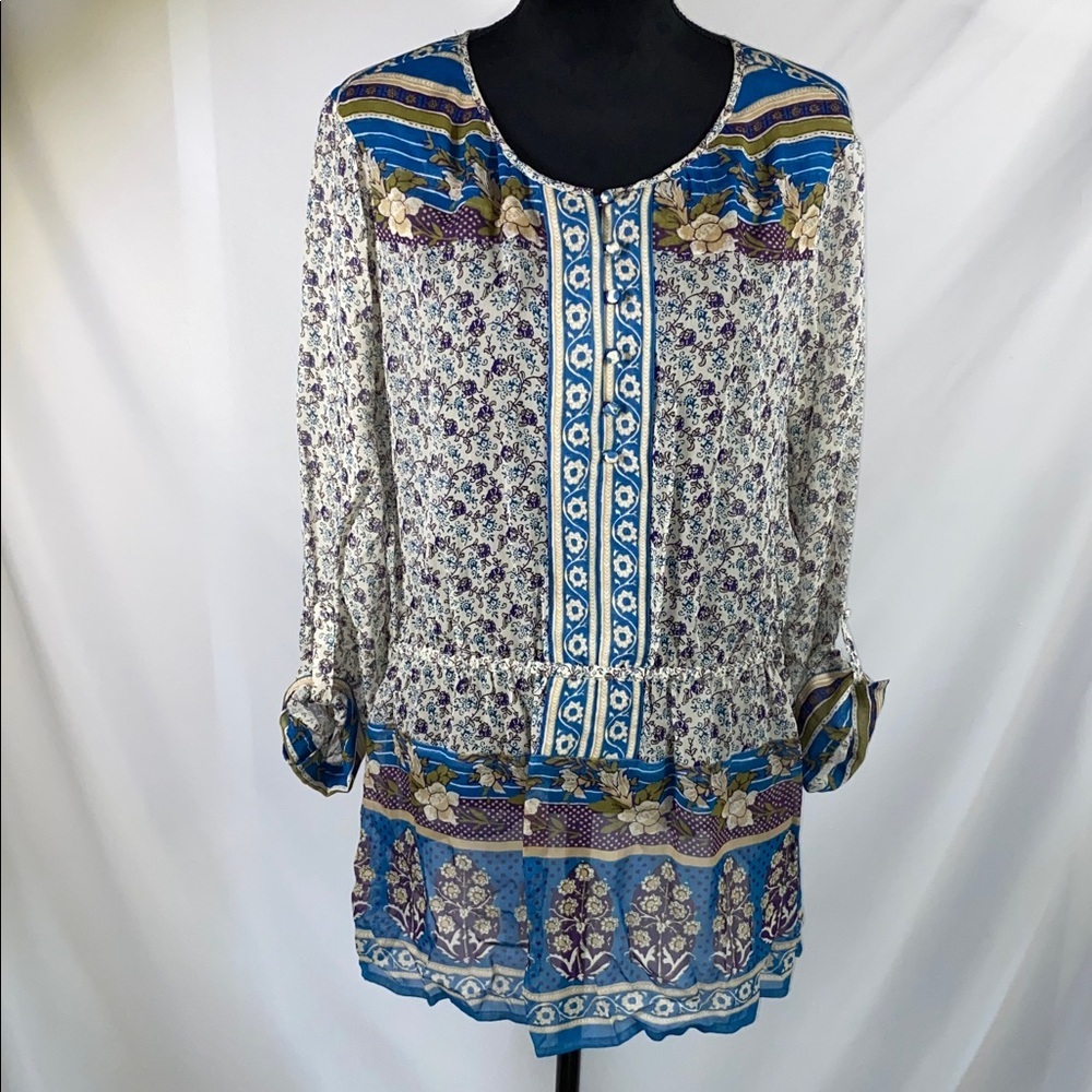 Lucky Brand Blue Paisley Floral Boho Peasant Tunic Blouse XL